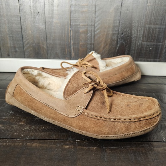 UGG Byron‎ Mens Size 10 Tan Suede Sheepskin Lined Slip On Slipper 5102 lace-up - Picture 9 of 11